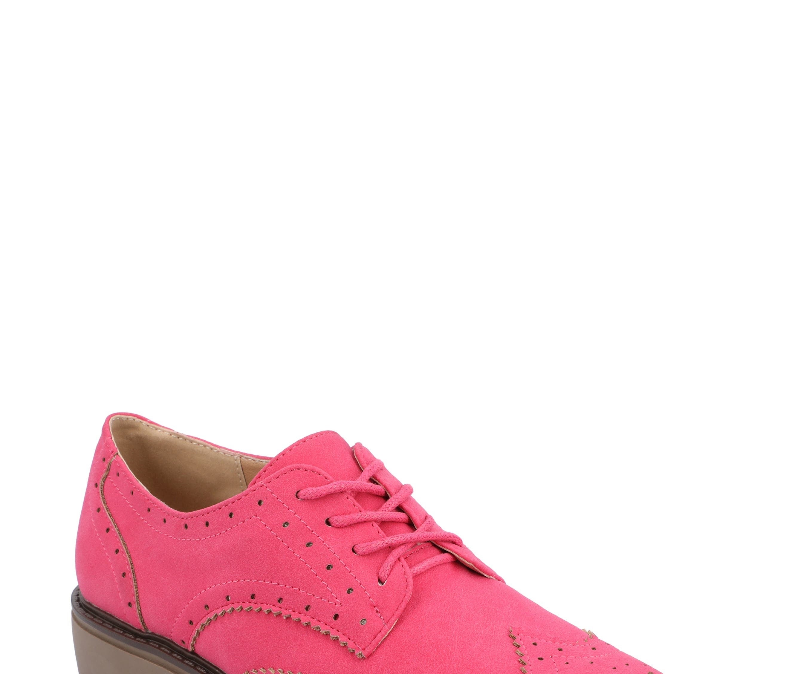 Pink suede brogue-style shoe with perforated detailing and a chunky sole, suitable for casual or dressy occasions
