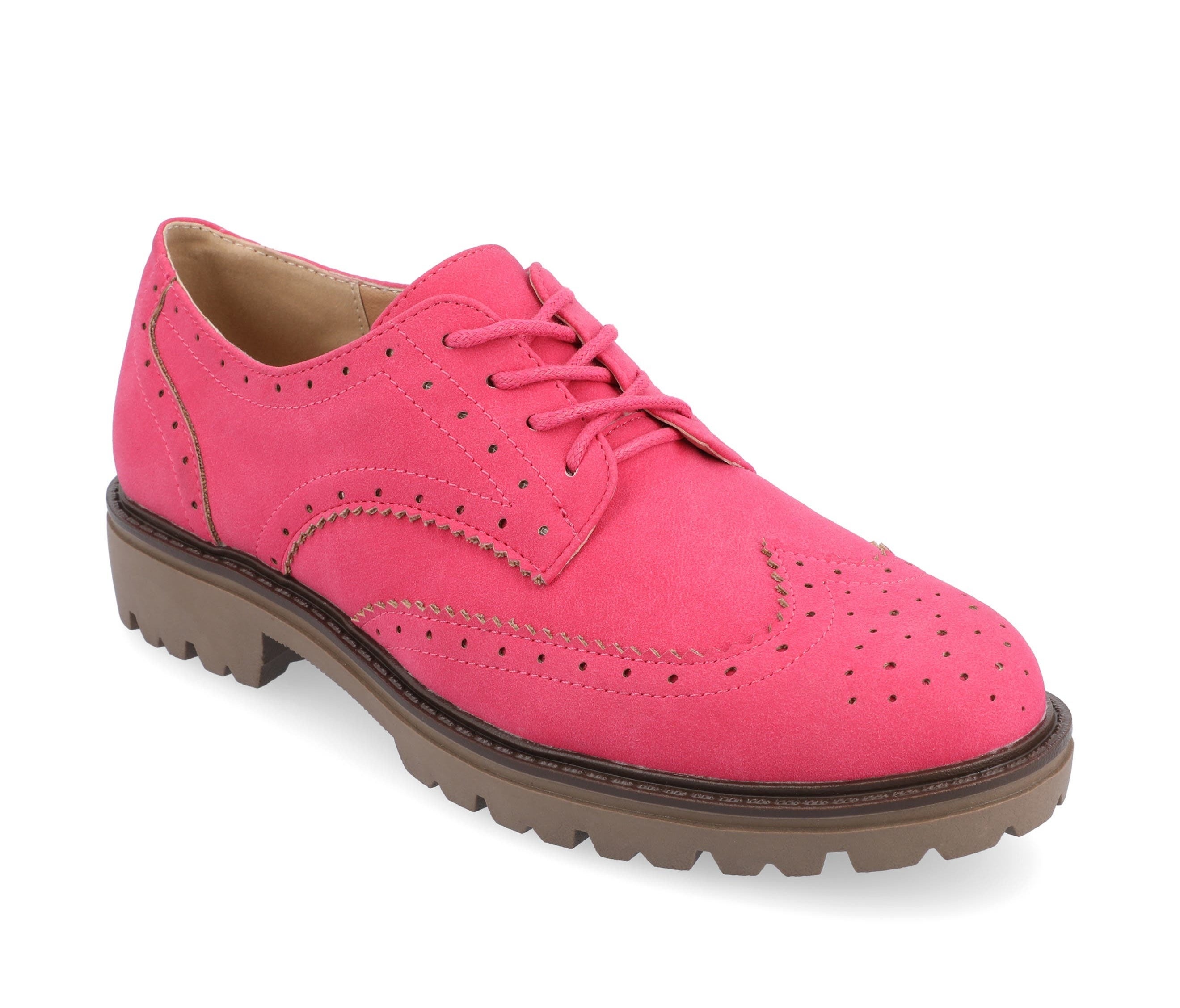 Pink suede brogue-style shoe with perforated detailing and a chunky sole, suitable for casual or dressy occasions