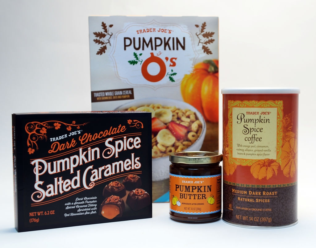 Trader Joe's autumn-themed food: Pumpkin O's cereal, dark chocolate salted caramels, pumpkin butter, and pumpkin spice coffee