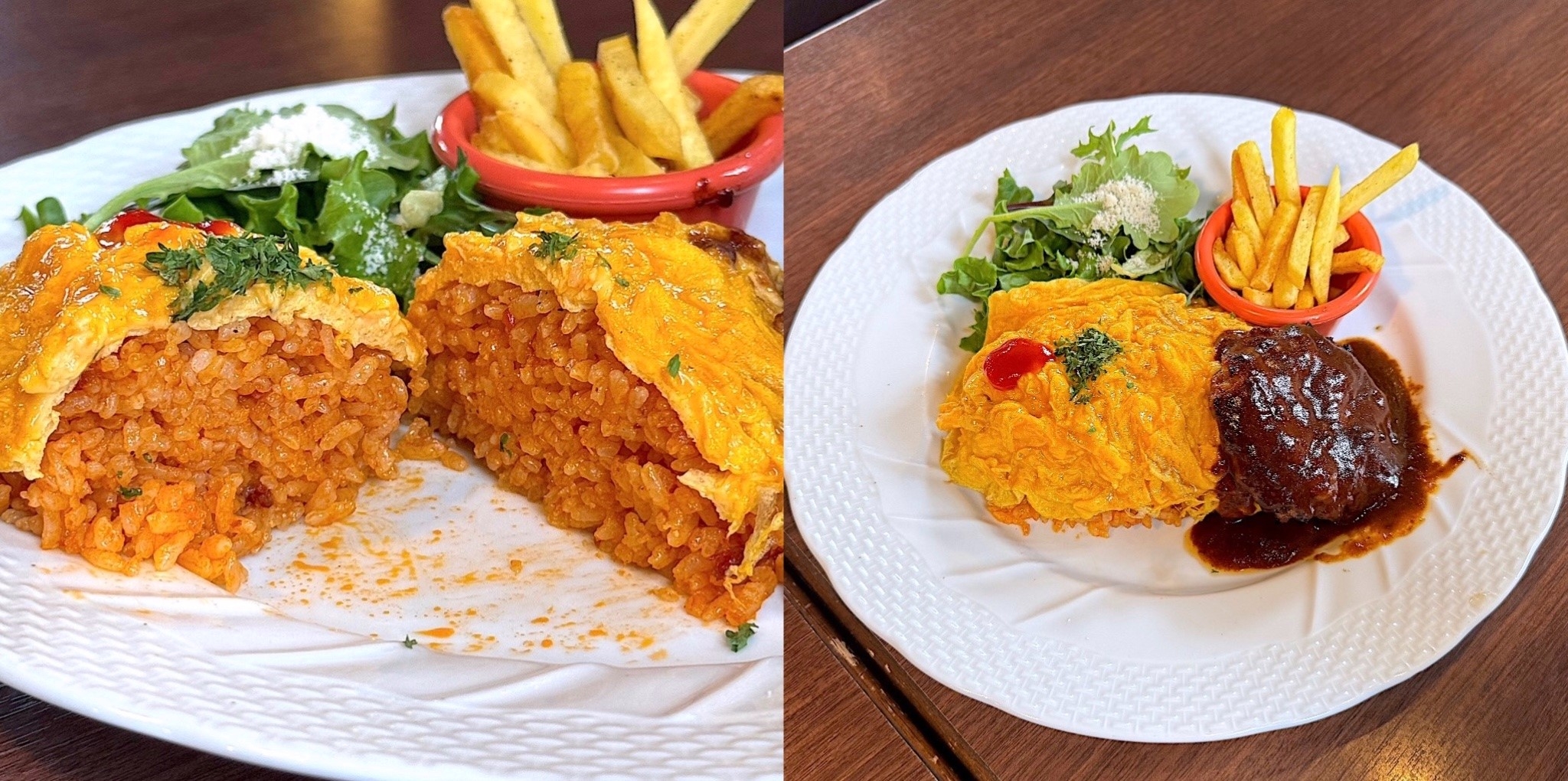 Two plates of omelette rice with demi-glace, fries, and salad on a wooden table. One plate shows a cross-section of the omelette