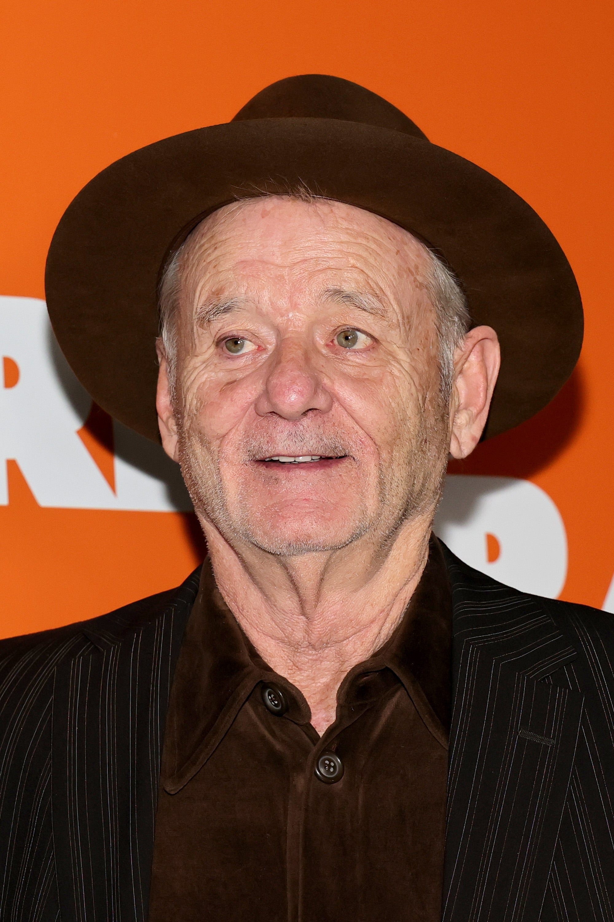 Bill Murray wearing a brown hat and dark pinstripe jacket at an event with an orange background