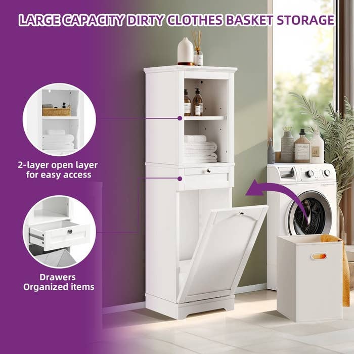 Tall white laundry cabinet with open shelves, drawers for organization, and a large bottom compartment next to a washing machine and basket
