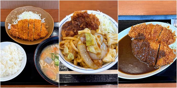 左から、白米と豚カツ定食、焼きうどんに豚カツ、カレーライスに豚カツが盛られた3つの料理の写真。