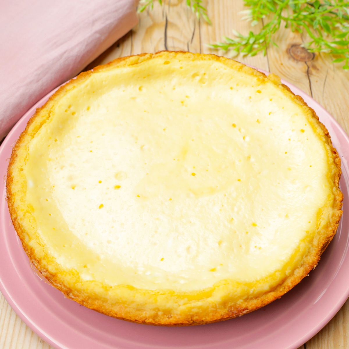 チーズケーキがピンクの皿にのってテーブルに置かれている。後ろに緑の葉が少し見える。
