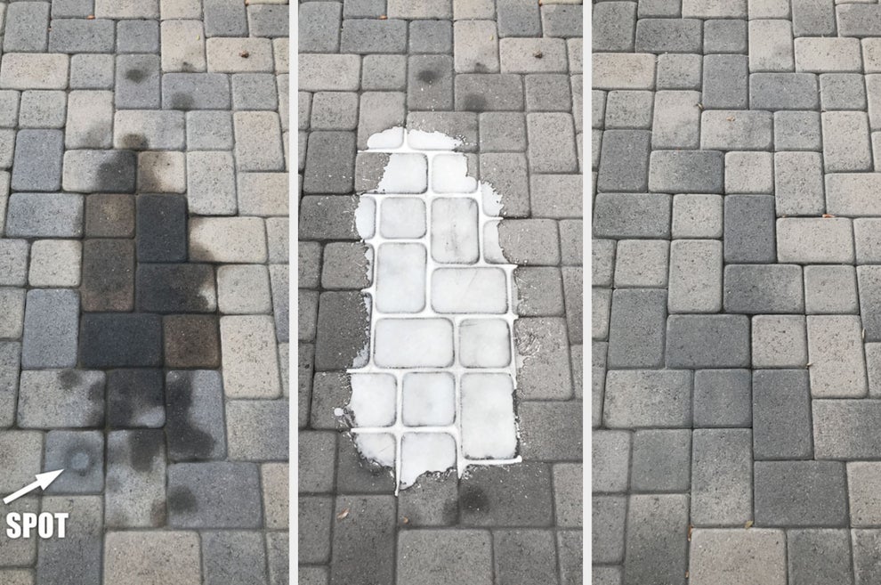 Three steps show removing an oil stain from pavers: cleaning with a product, drying to reveal clean surface, and restored pavers without stains