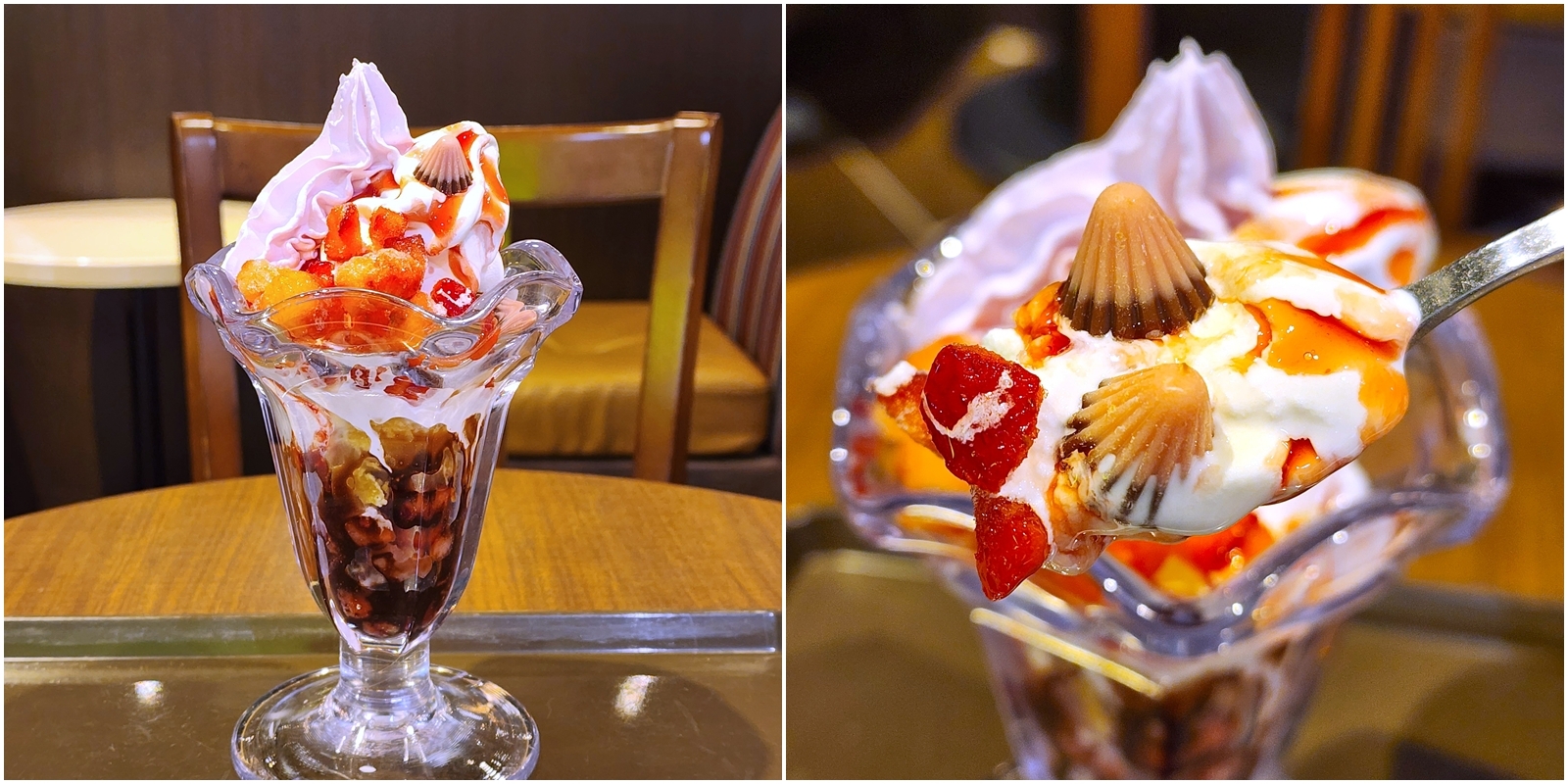 クリームやチョコがトッピングされたパフェが2つの異なる視点から撮影されています。