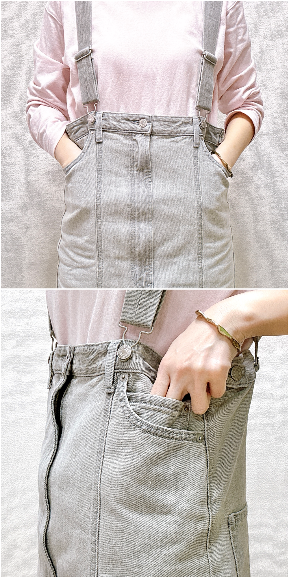 女性が前掛けスタイルのデニムオーバーオールを着用し、ポケットに手を入れている様子。