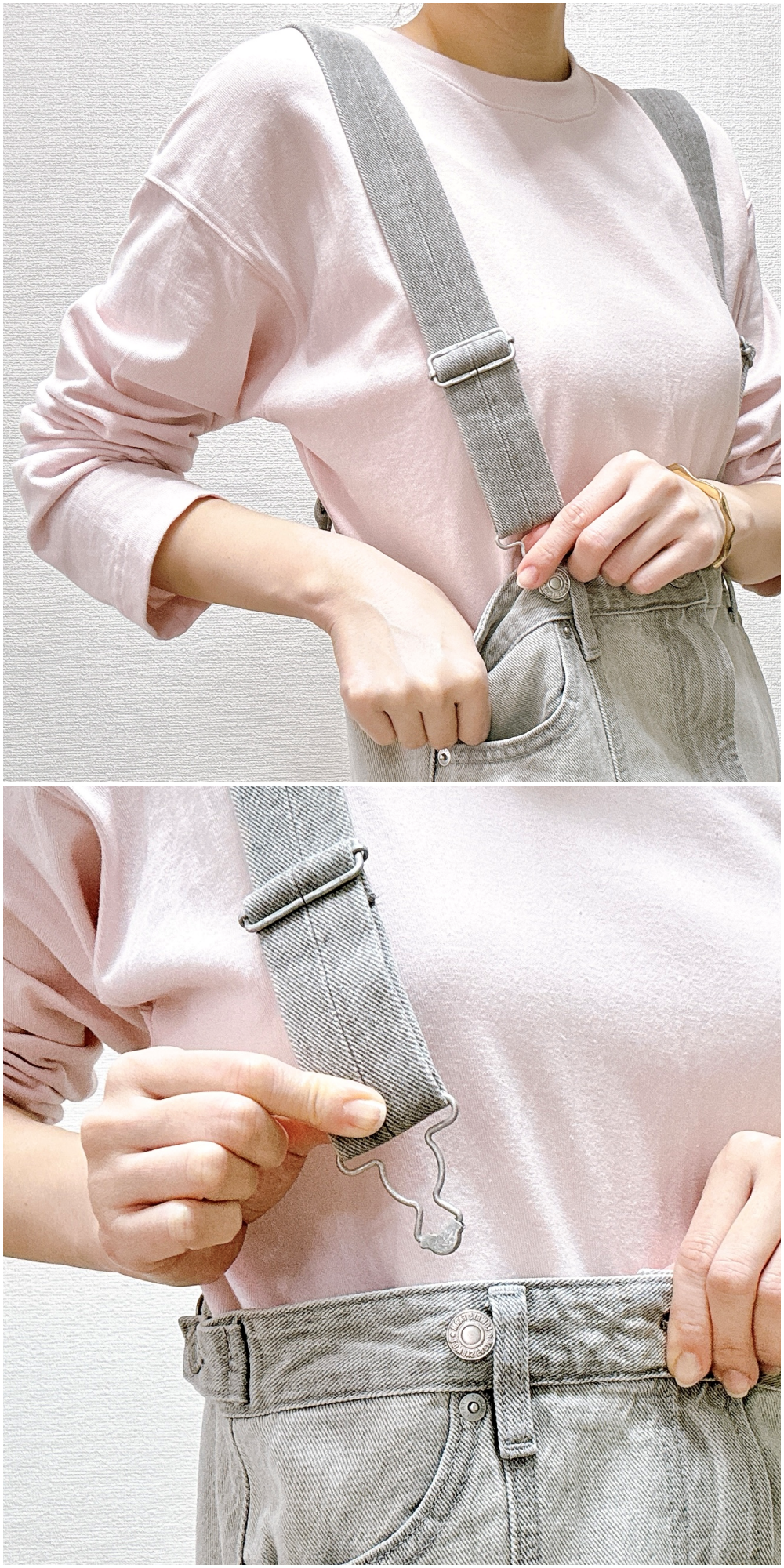 ピンクのトップスにグレーのサスペンダー付きデニムを着た人物がポケットに手を入れ、サスペンダーの調節部分を見せている。