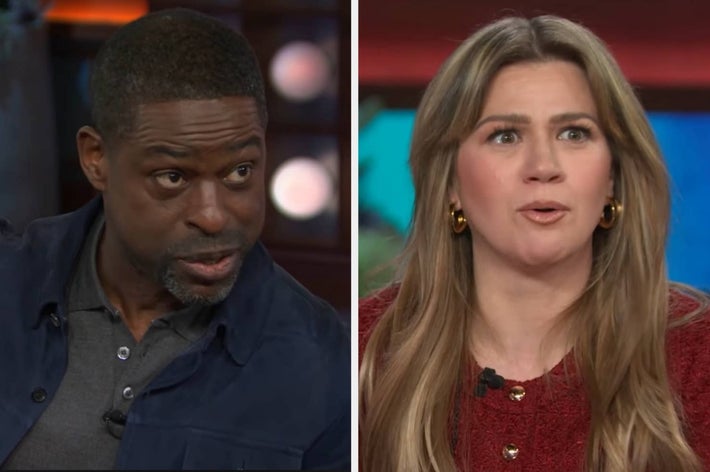 Split image of Sterling K. Brown and Kelly Clarkson engaged in an emotional conversation on a talk show