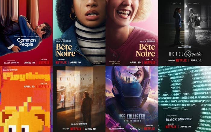 Eight Netflix posters showcase diverse films and series premiering on April 10, including "Common People," "Bête Noire," and "Eulogy."