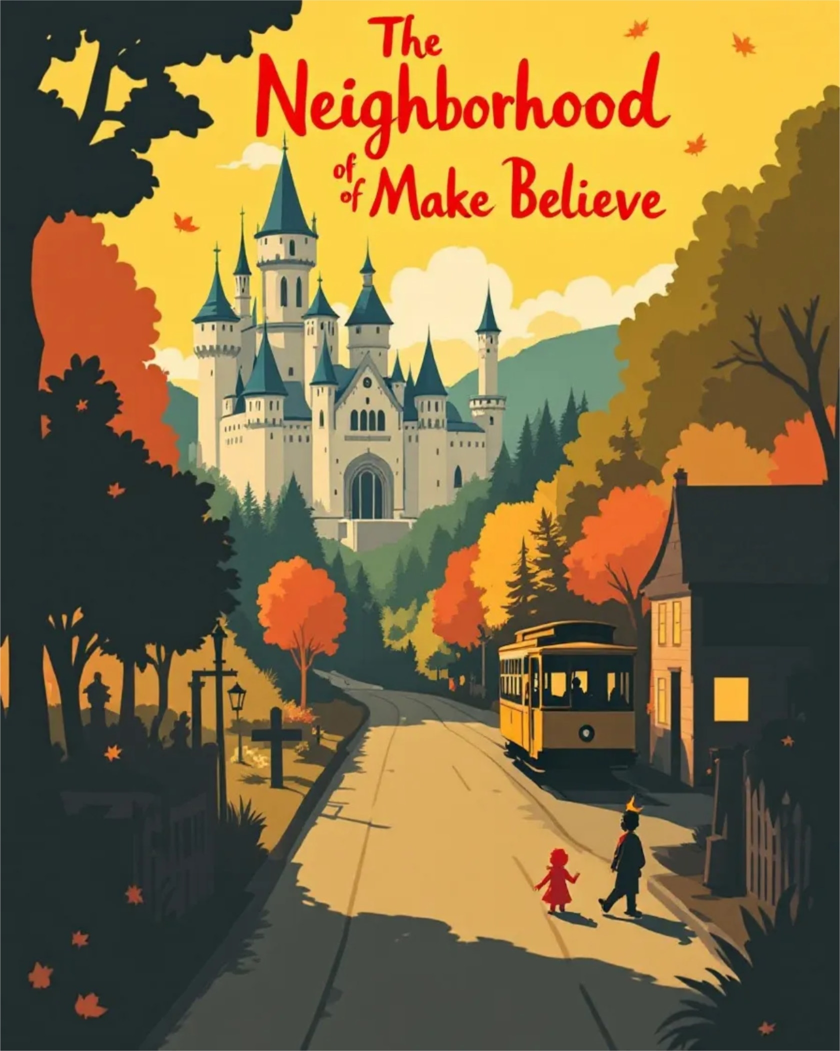 Castle in countryside with trees, a tram, and two people walking, titled "The Neighborhood of Make Believe."