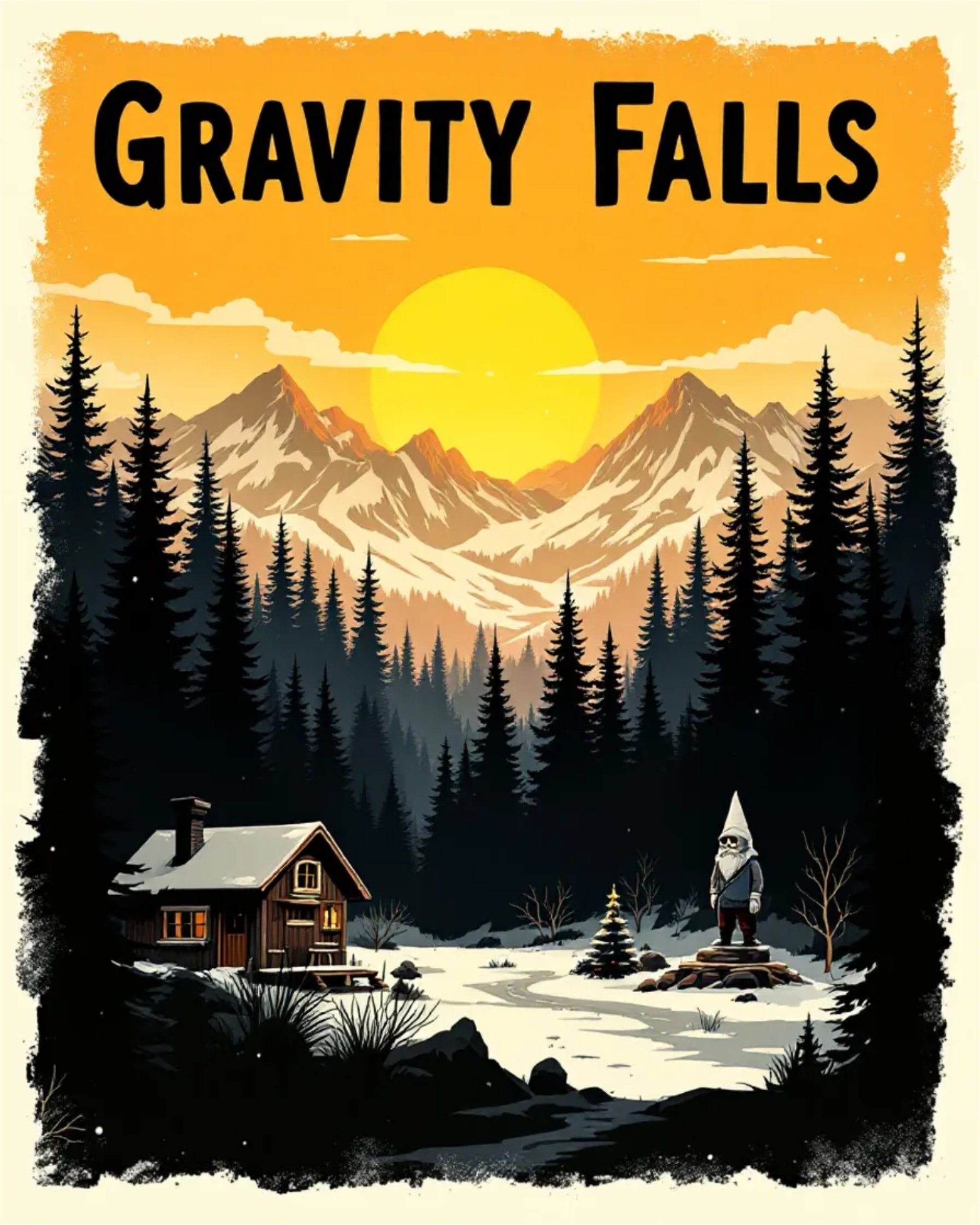 Illustration of a cabin, forest, and mysterious figure wearing a pointy hat, with mountains and a sun in the background. Text reads "GRAVITY FALLS."