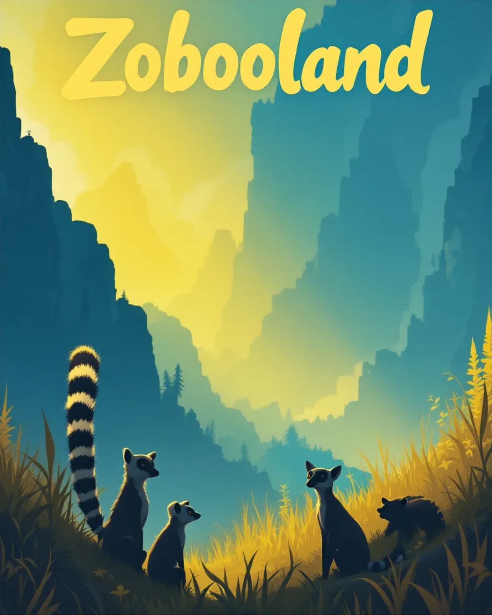 Poster for "Zobooland" featuring lemurs and a lush landscape with mountains in the background