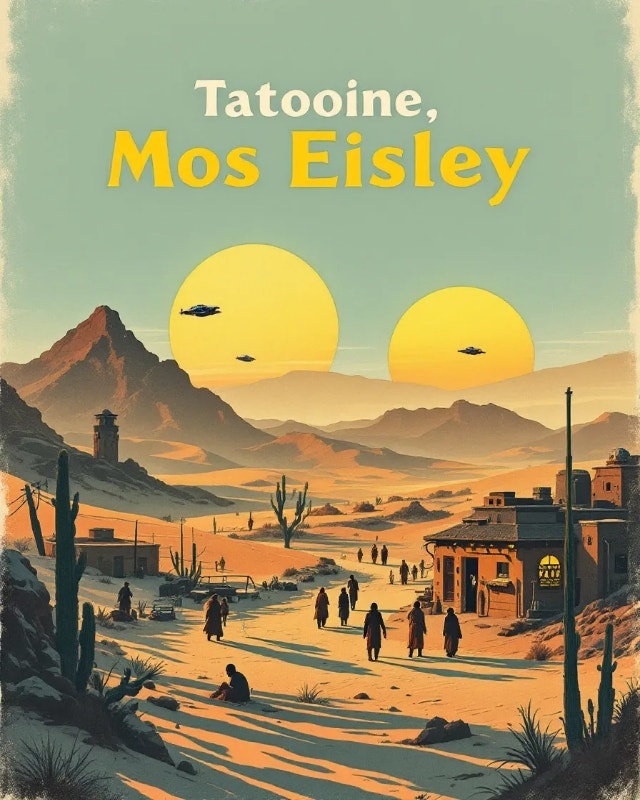 Sci-fi poster of Tatooine's Mos Eisley features desert landscape, twin suns, and various people walking, inspired by Star Wars