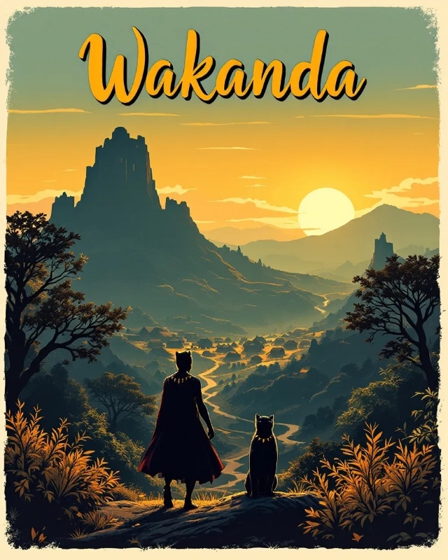 Silhouetted figure and panther overlook a scenic landscape with a sunrise behind a mountain, with "Wakanda" text above