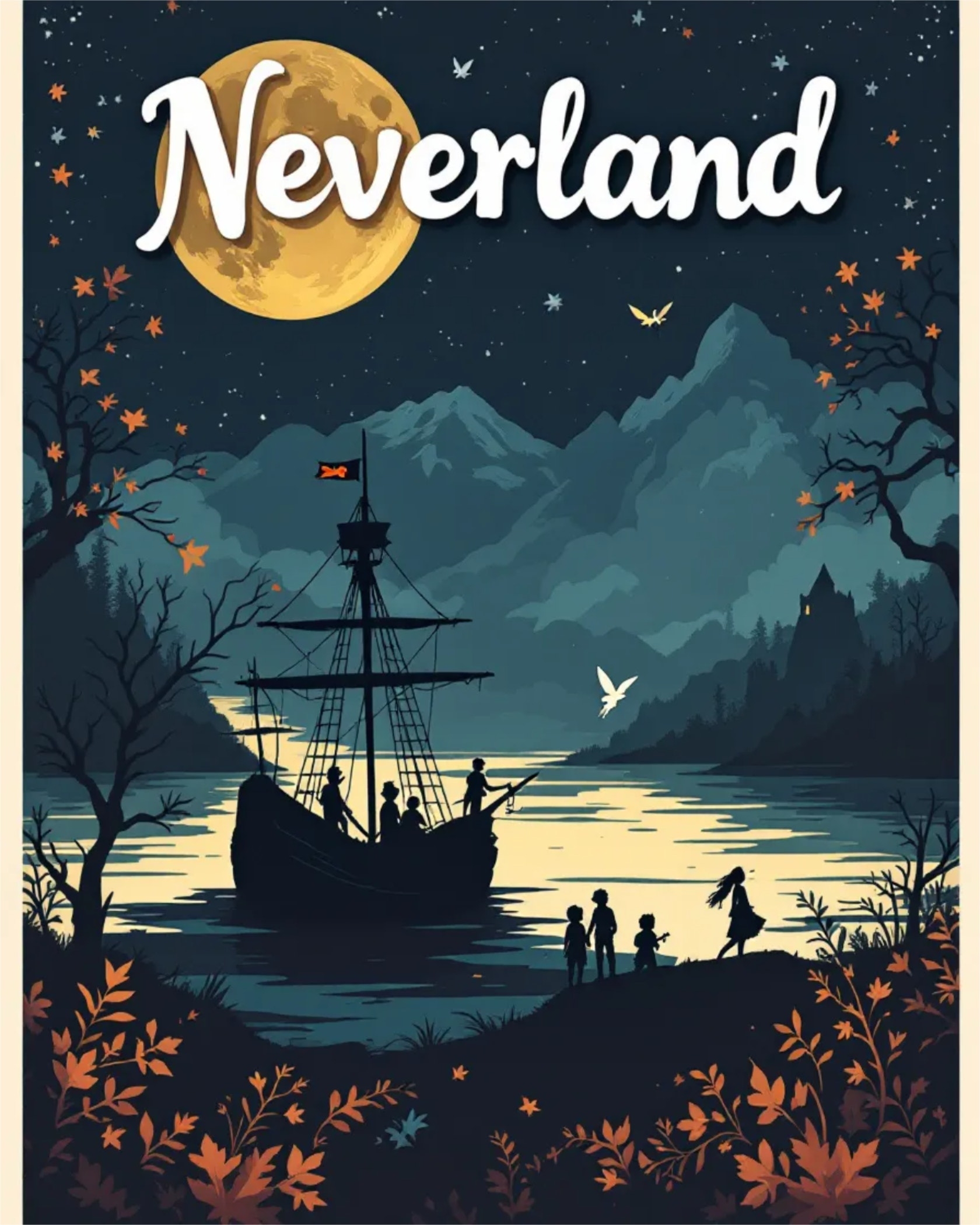 Silhouetted figures on a ship and shore beneath a moonlit sky with "Neverland" text. Mountains and trees in the background