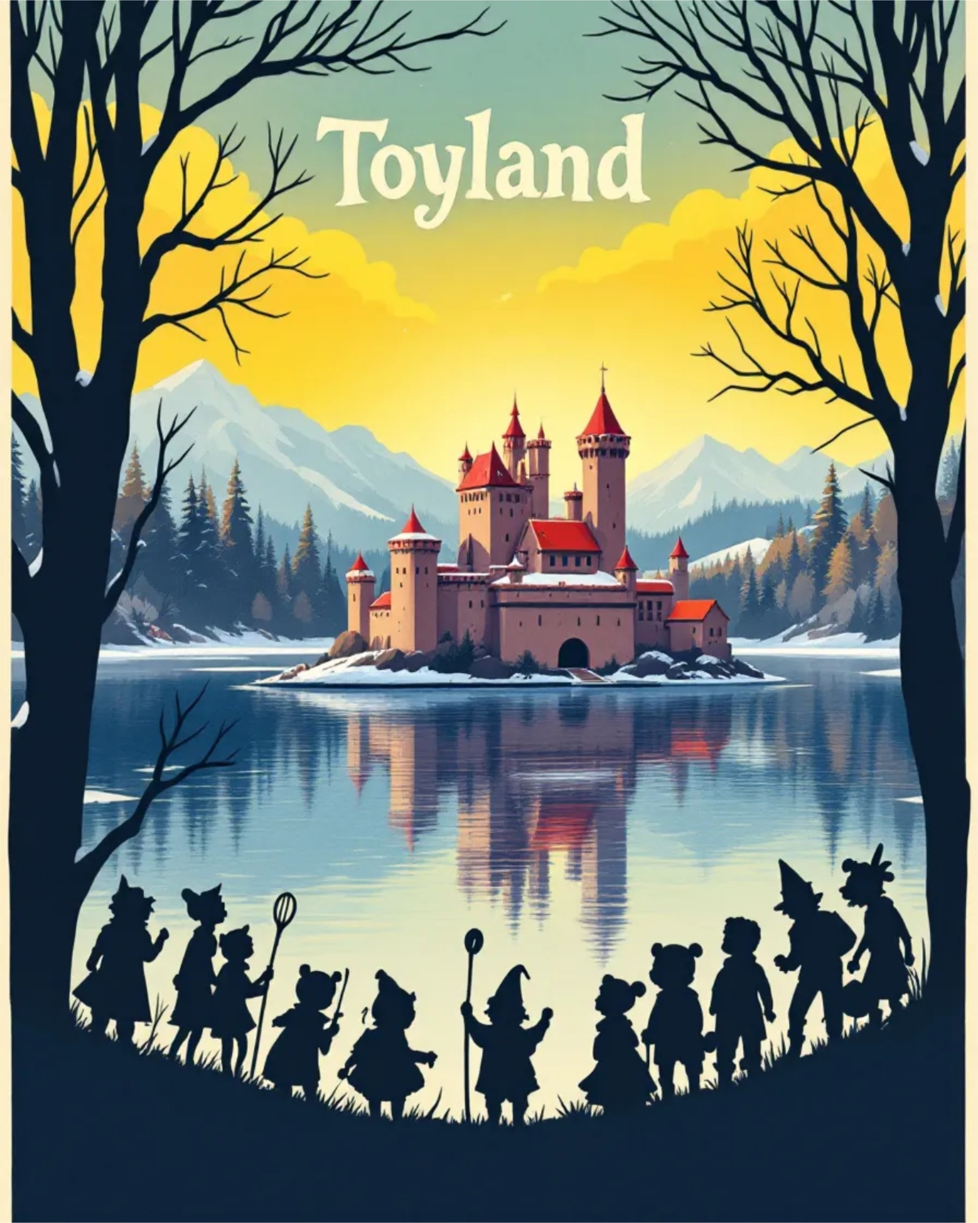 Illustrated toy characters stand before a lake with a castle on an island, under the title "Toyland."