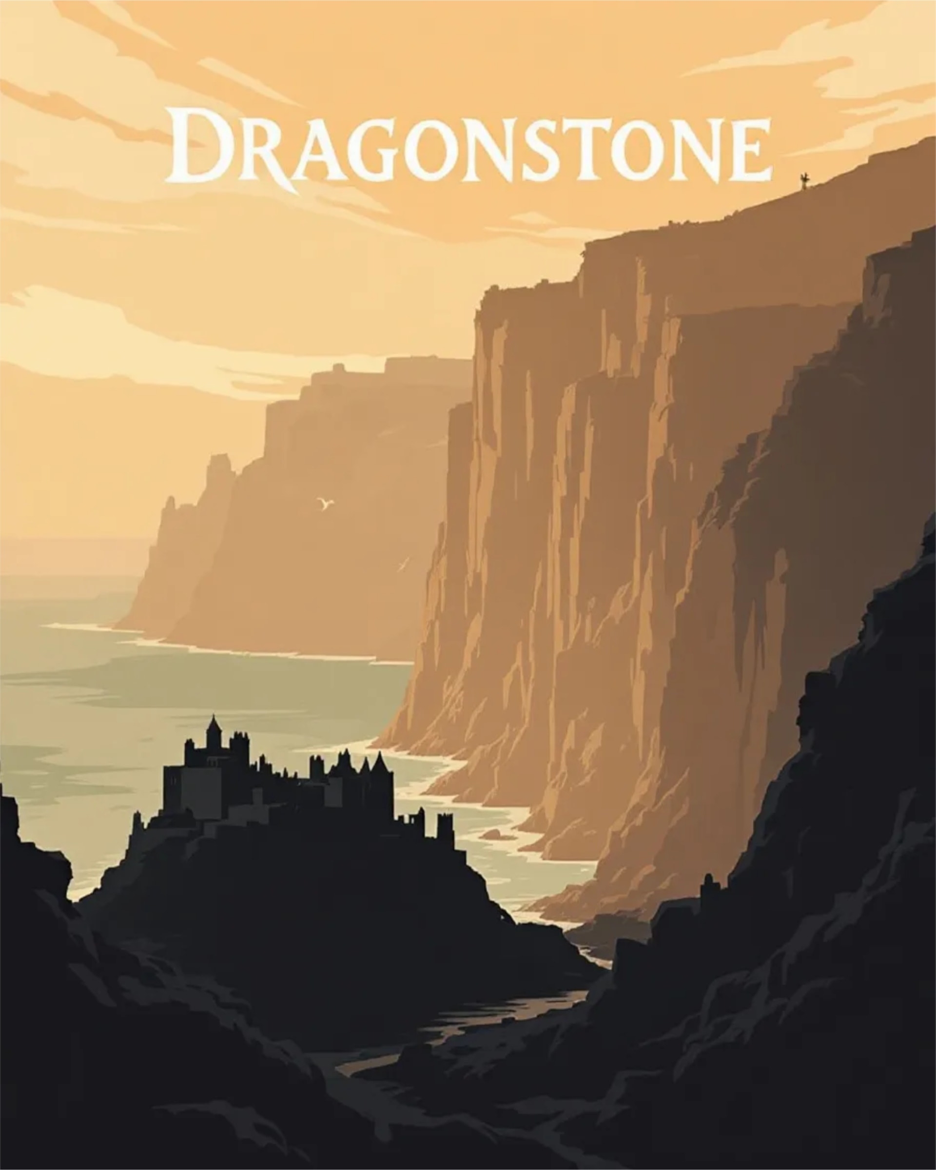 Silhouette of a castle on a cliff by the sea with "Dragonstone" text above