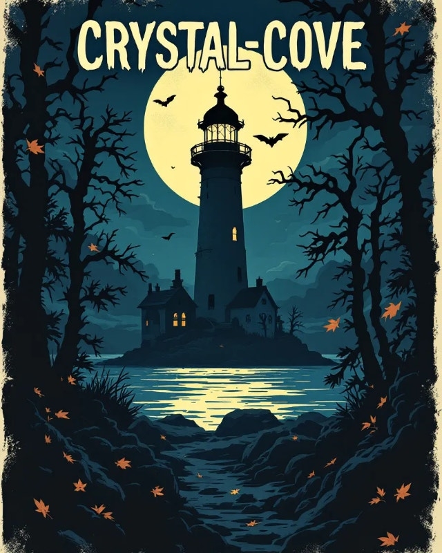Illustrated poster of a lighthouse on a rocky shore with barren trees and bats under a full moon. The text reads "CRYSTAL COVE."