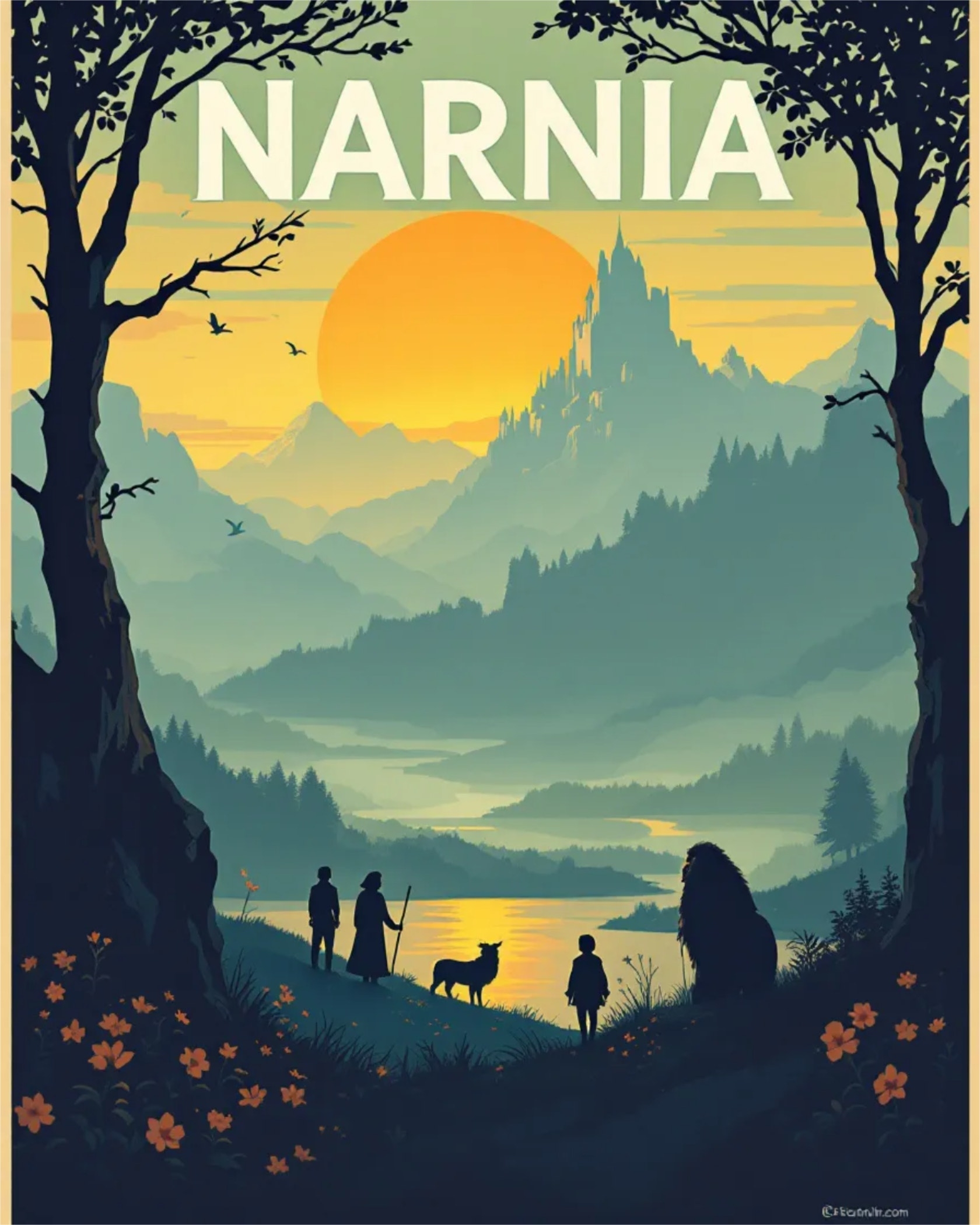 Fantasy landscape with silhouettes of four people and a lion by a lake, set against mountains and a large distant castle under a setting sun