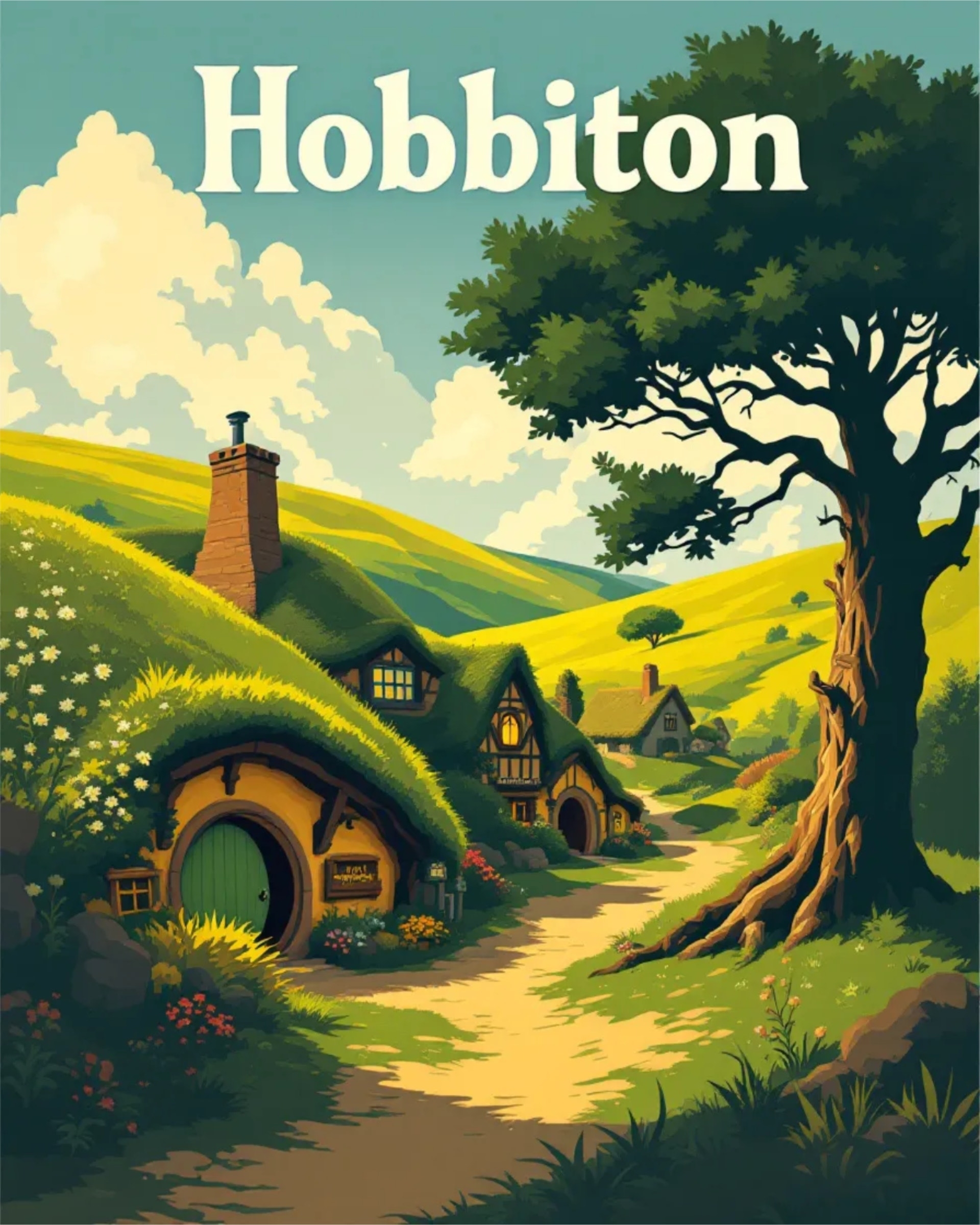 Illustration of Hobbiton village with round-door homes nestled in grassy hills, beneath a large tree and a blue sky with fluffy clouds