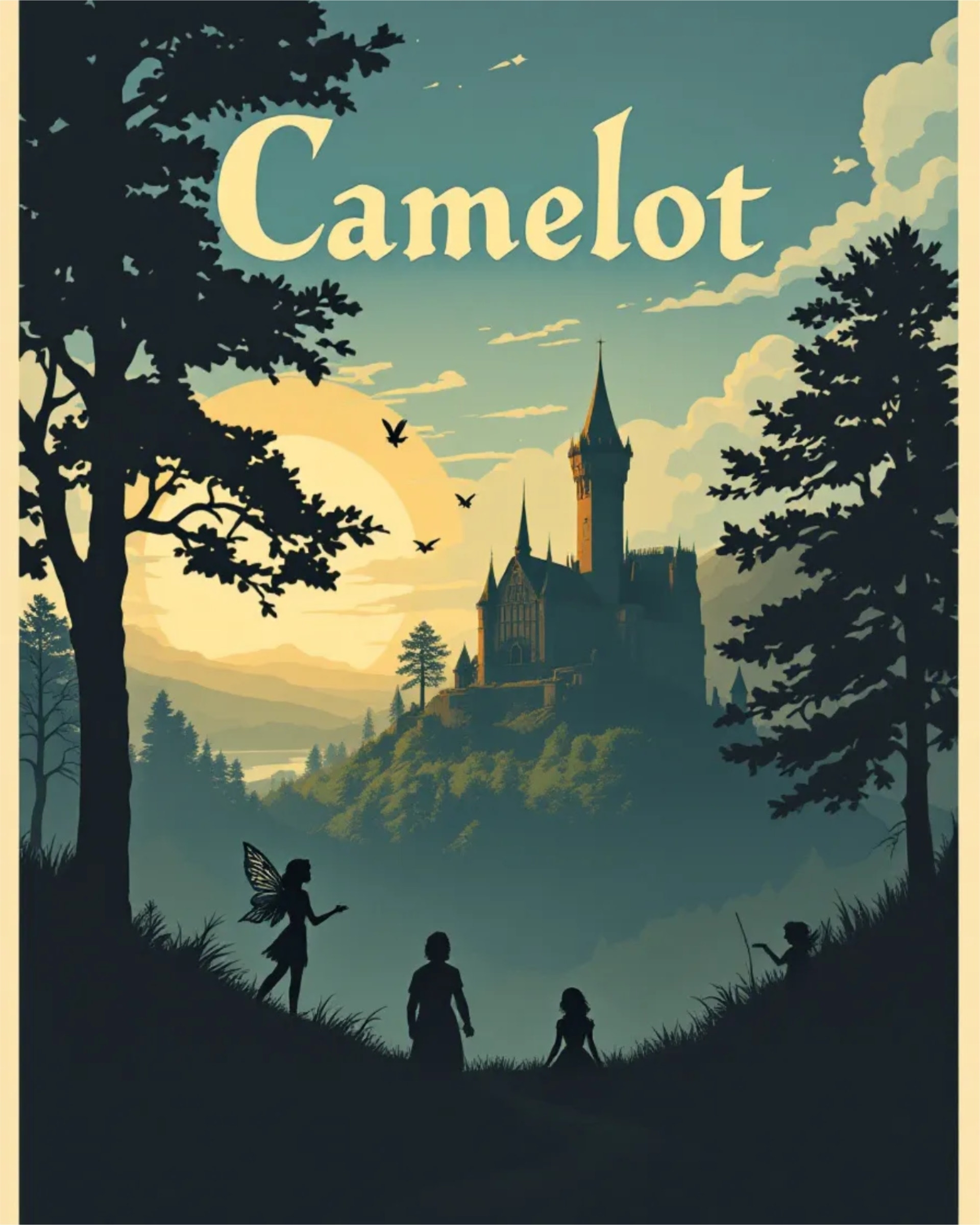 Silhouetted children and a fairy watch over a distant castle under a moonlit sky. The word "Camelot" is above