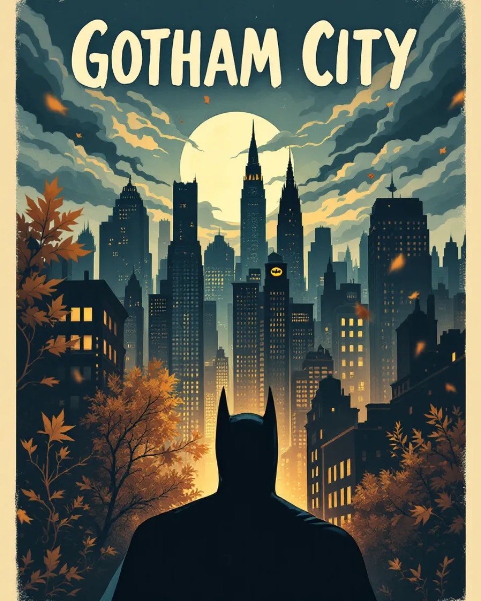 Silhouette of Batman overlooking Gotham City's skyline at night, with tall buildings and a full moon in the background