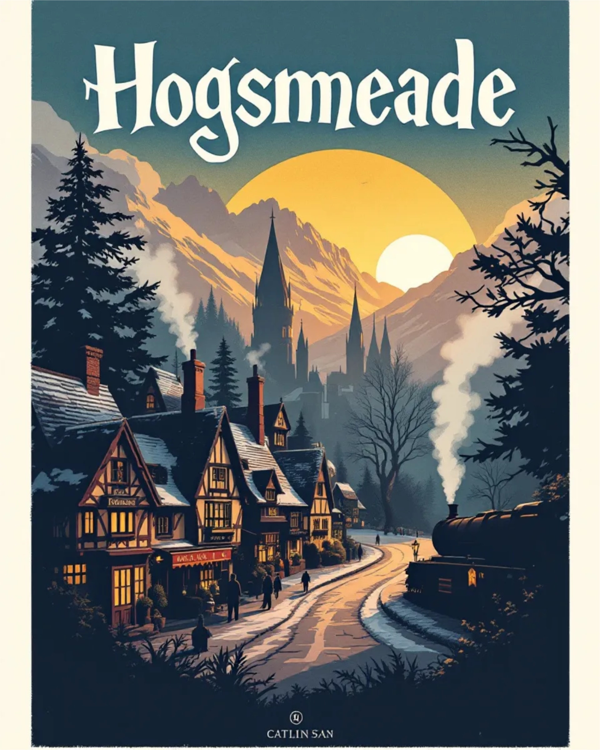 Illustrated poster of Hogsmeade village with snow-covered roofs, winding road, and a castle in the background under a full moon