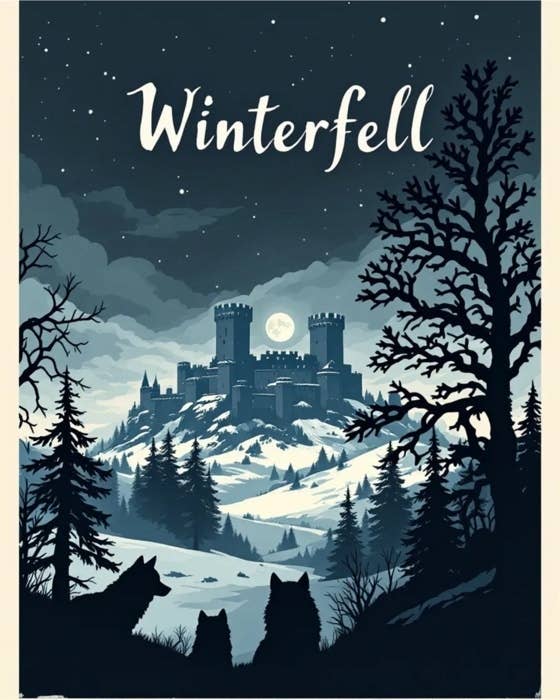 Silhouettes of wolves watch over a snowy landscape with a distant castle under a starry night sky. Text reads "Winterfell."
