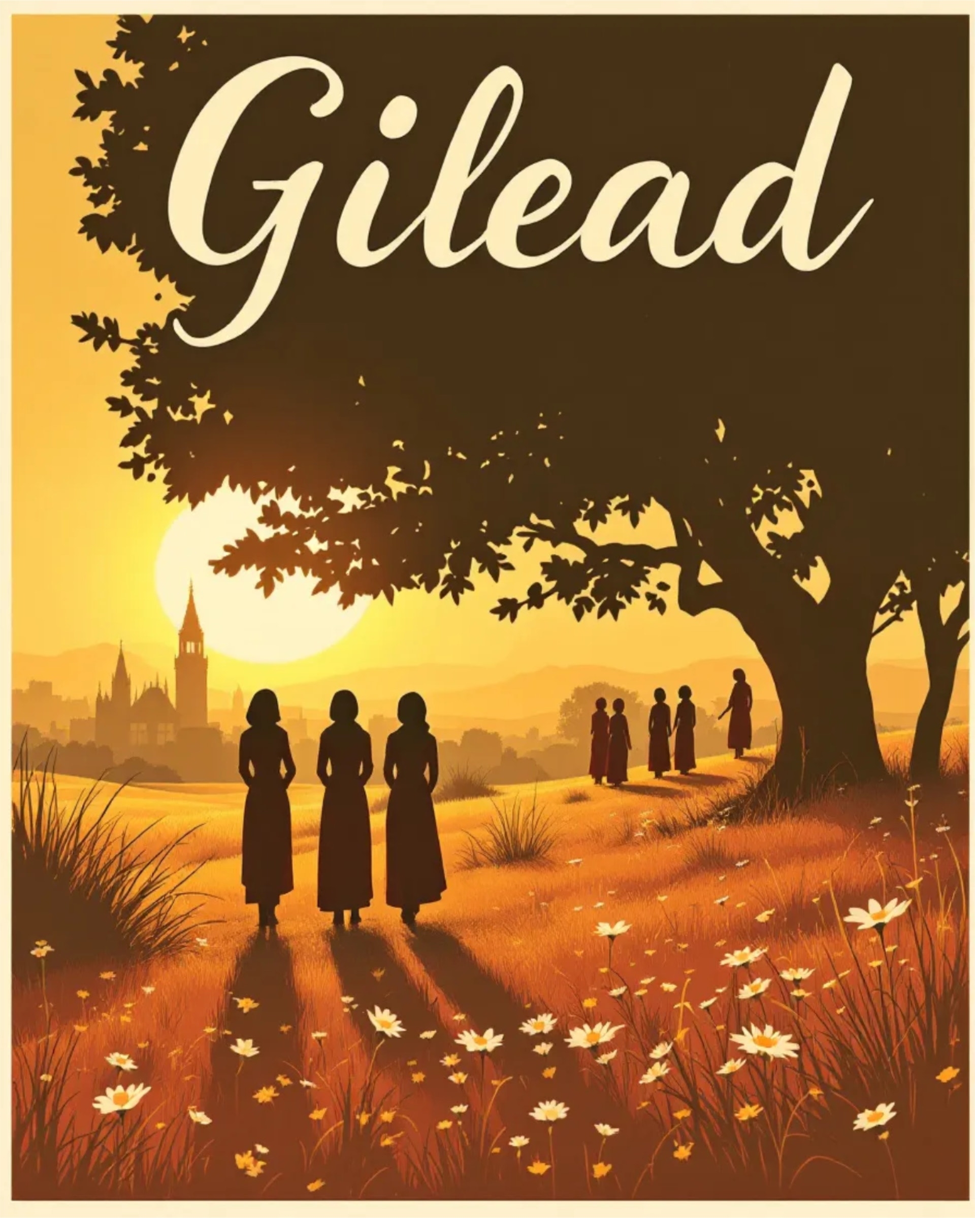 Silhouetted figures in a field with distant town and sunset; "Gilead" is written above