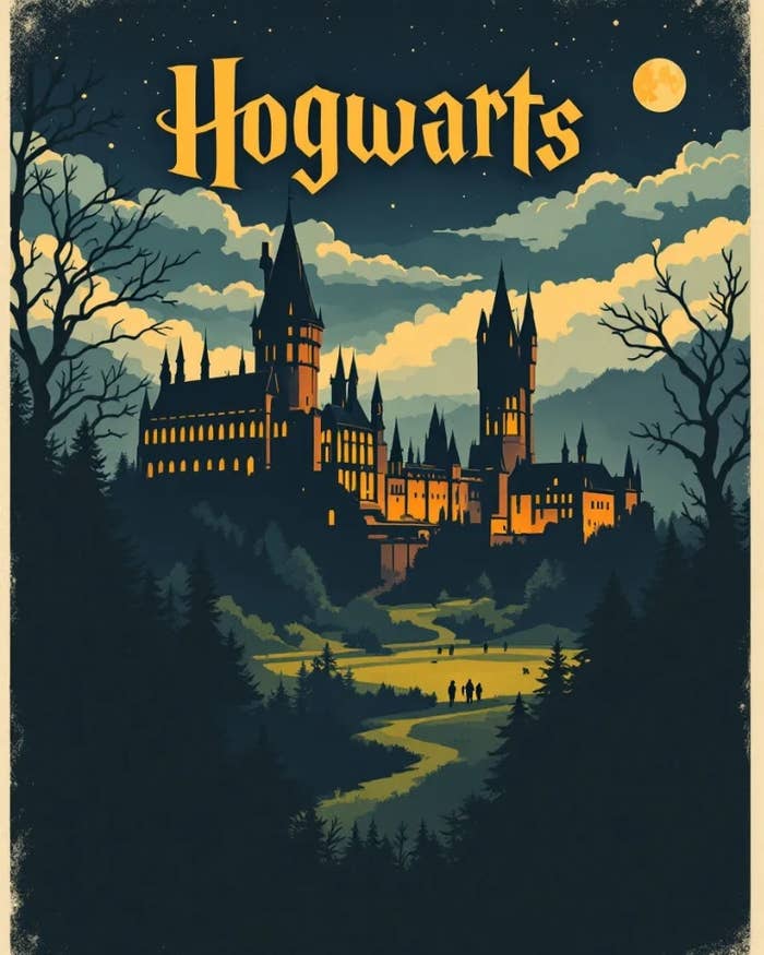 Illustrated poster of Hogwarts castle under a moonlit sky, with silhouettes of two figures walking on a path through the forest