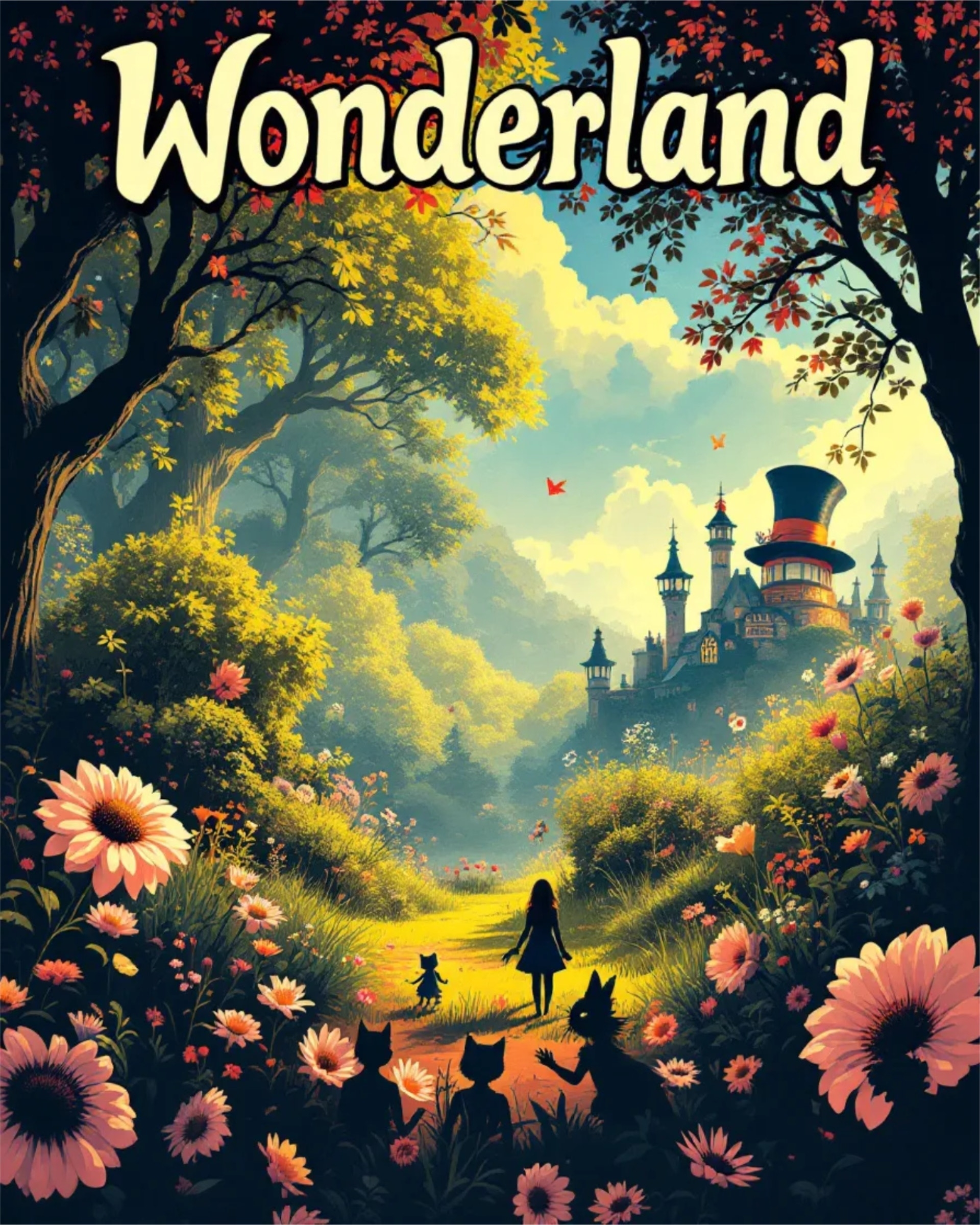 A whimsical illustration of a girl and animal companions walking toward a distant, fantastical castle surrounded by lush foliage and flowers
