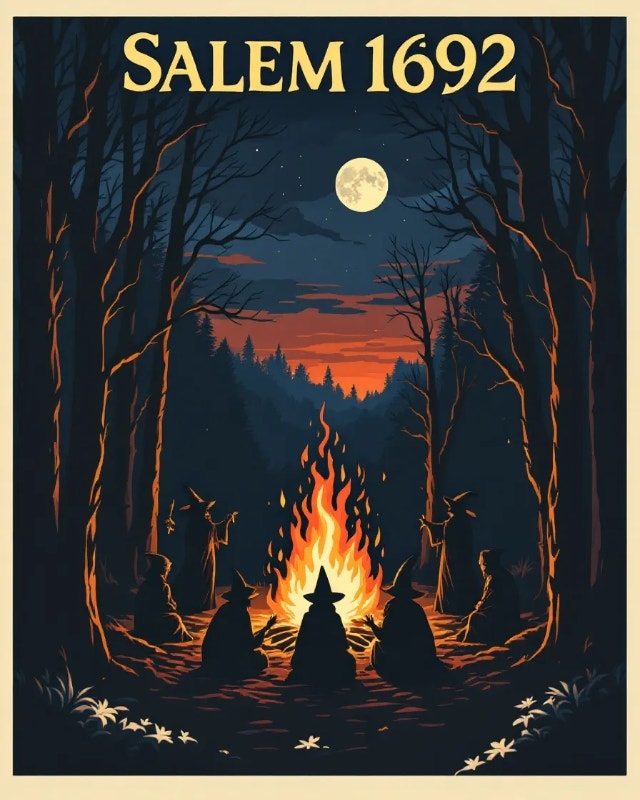 Illustration of people in cloaks around a campfire in a forest, with "Salem 1692" above, under a full moonlit sky