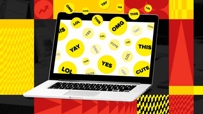 Laptop screen with random yellow and white stickers displaying words like "OMG," "YES," "YAY," and "CUTE," set against a vibrant abstract background