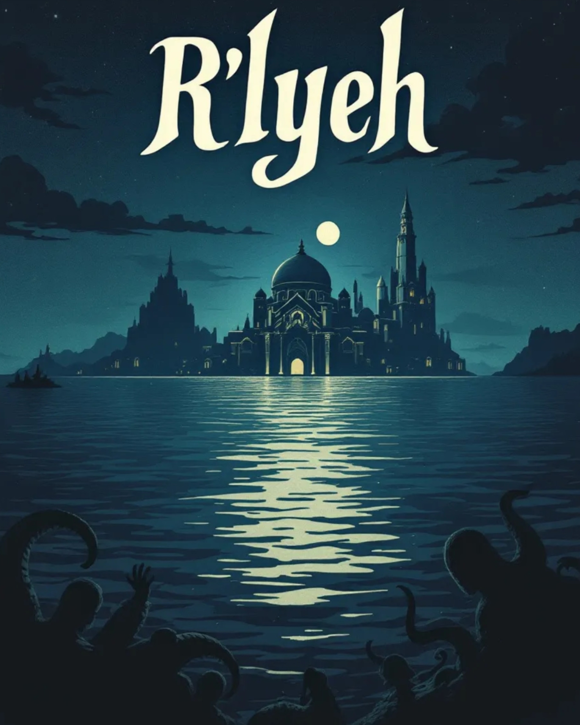 Silhouetted tentacles rise from the ocean before a moonlit cityscape with domes and spires. Text: "R'lyeh 2017."