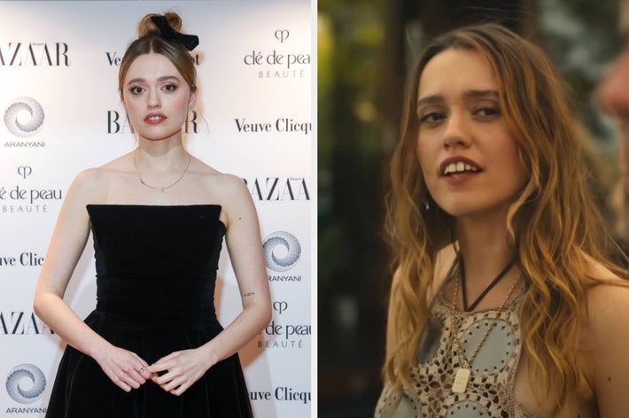 Person in elegant black strapless dress at event next to casual scene in printed top