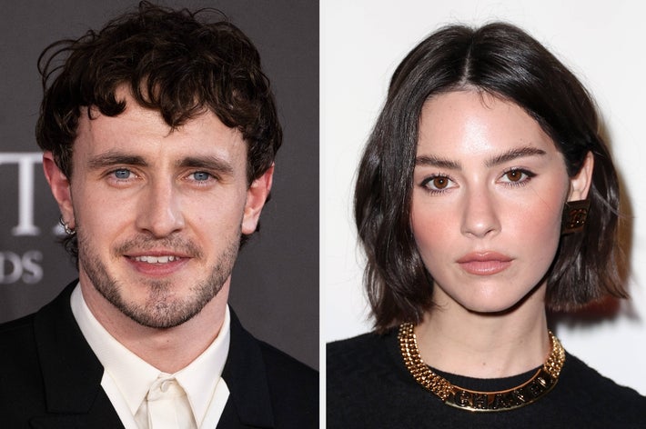 Two people on separate red carpets. The person on the left wears a black suit. The person on the right has a bob hairstyle and wears a chain necklace