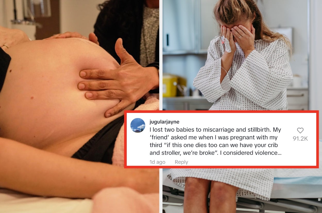 Pregnant person with hand on belly beside image of a distressed person seated. A comment discusses pregnancy loss and an insensitive remark from a "friend."