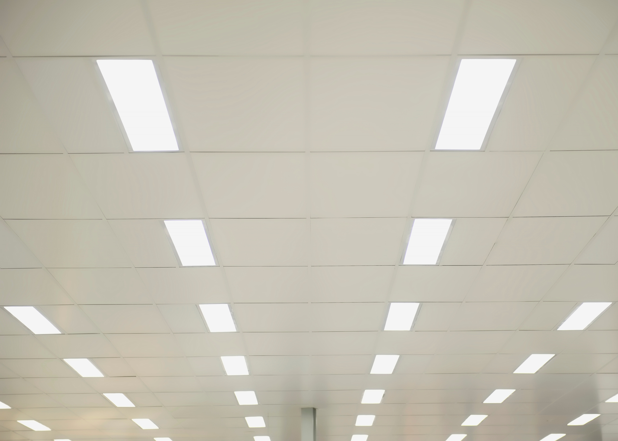 Ceiling with rows of rectangular fluorescent light panels, creating a grid pattern
