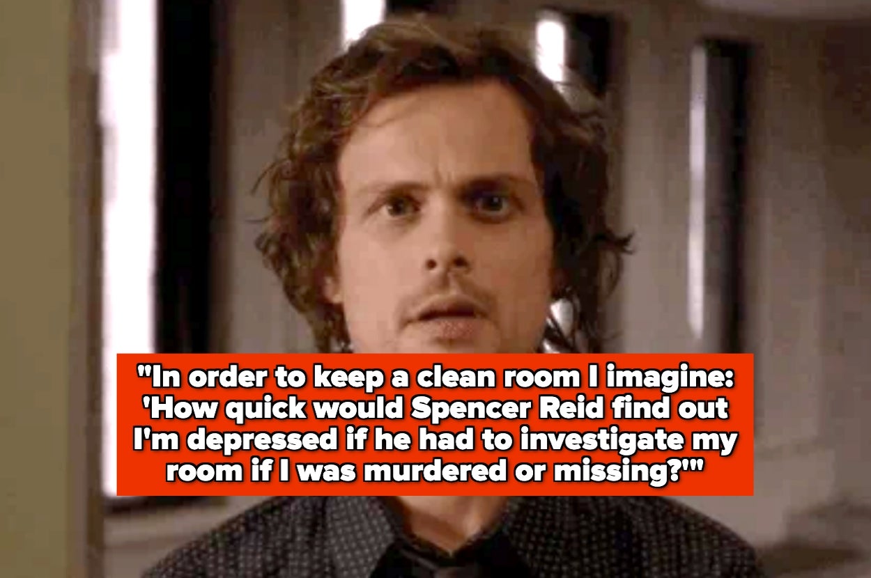 Matthew Gray Gubler in Criminal Minds with surprised expression. Text overlay joking about keeping a clean room by imagining Spencer Reid investigating it