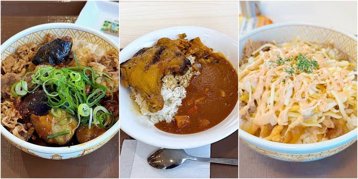 3種類の食事が並ぶ画像。左は牛肉とネギ、中央はカレーライス、右はソースがかかったご飯。