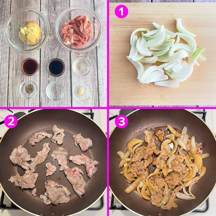 薄切り肉と玉ねぎを使った料理の手順。1. 玉ねぎをスライスする。2. 肉を炒める。3. 玉ねぎと一緒に調理する。