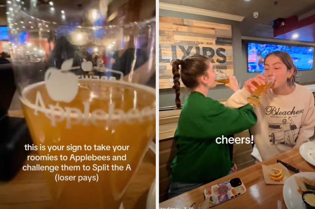 Two people in a casual setting sharing drinks at Applebee's, with text suggesting taking roommates to Applebee's and a playful drink-sharing challenge