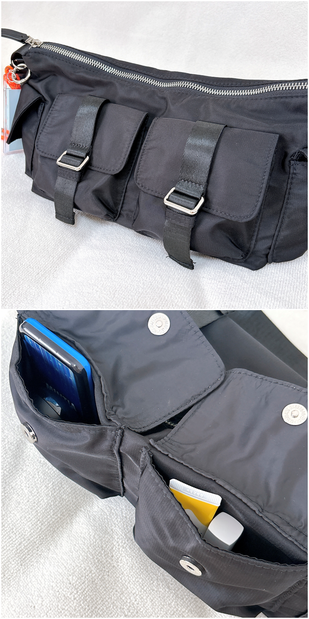 黒いウエストバッグ、複数のポケットにカードやスマホが収まっている様子が見える。