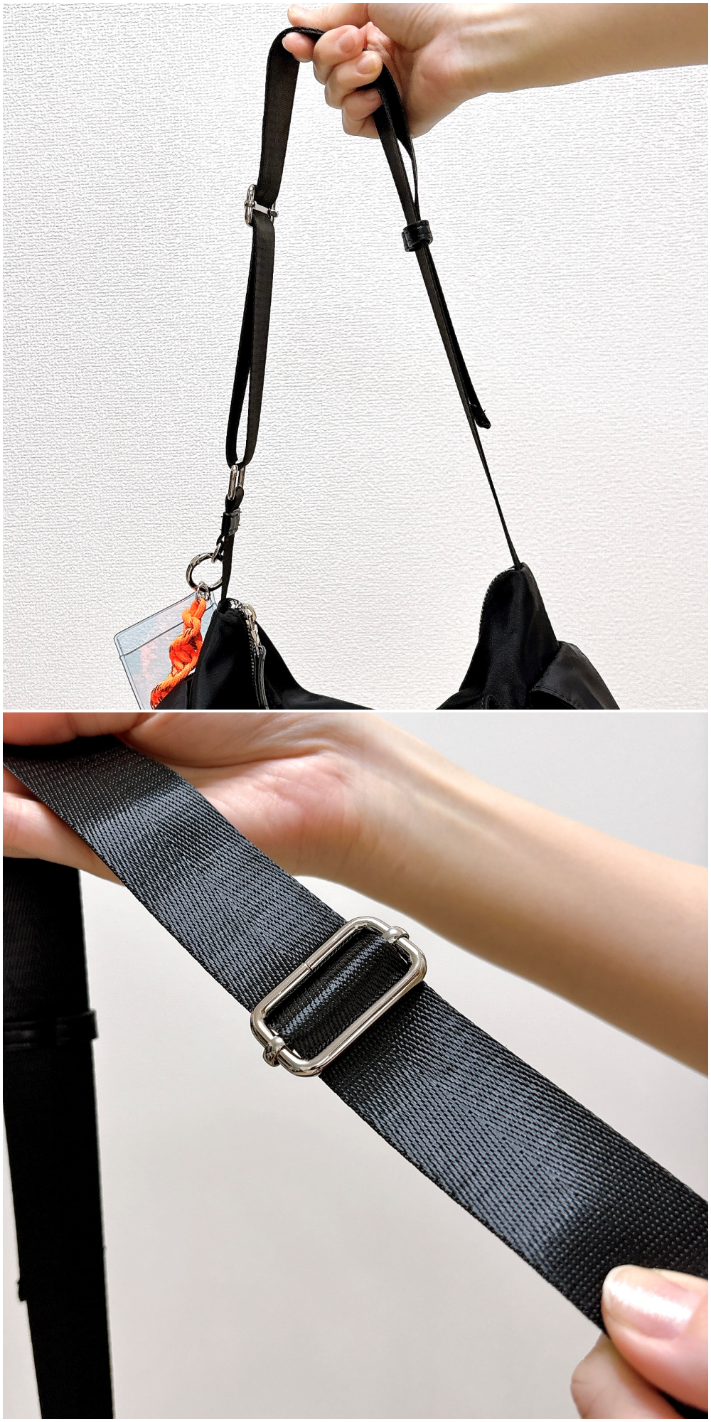 ハンドバッグの調整可能なストラップ部分を持つ手が二つの画像に分かれて写っている。