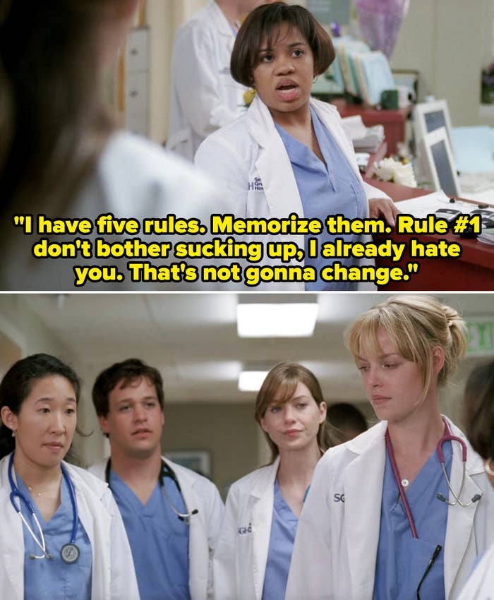 Bailey telling Cristina, George, Izzie, and Meredith that she has five rules they need to follow and how she already hates them. The scene is from the first episode