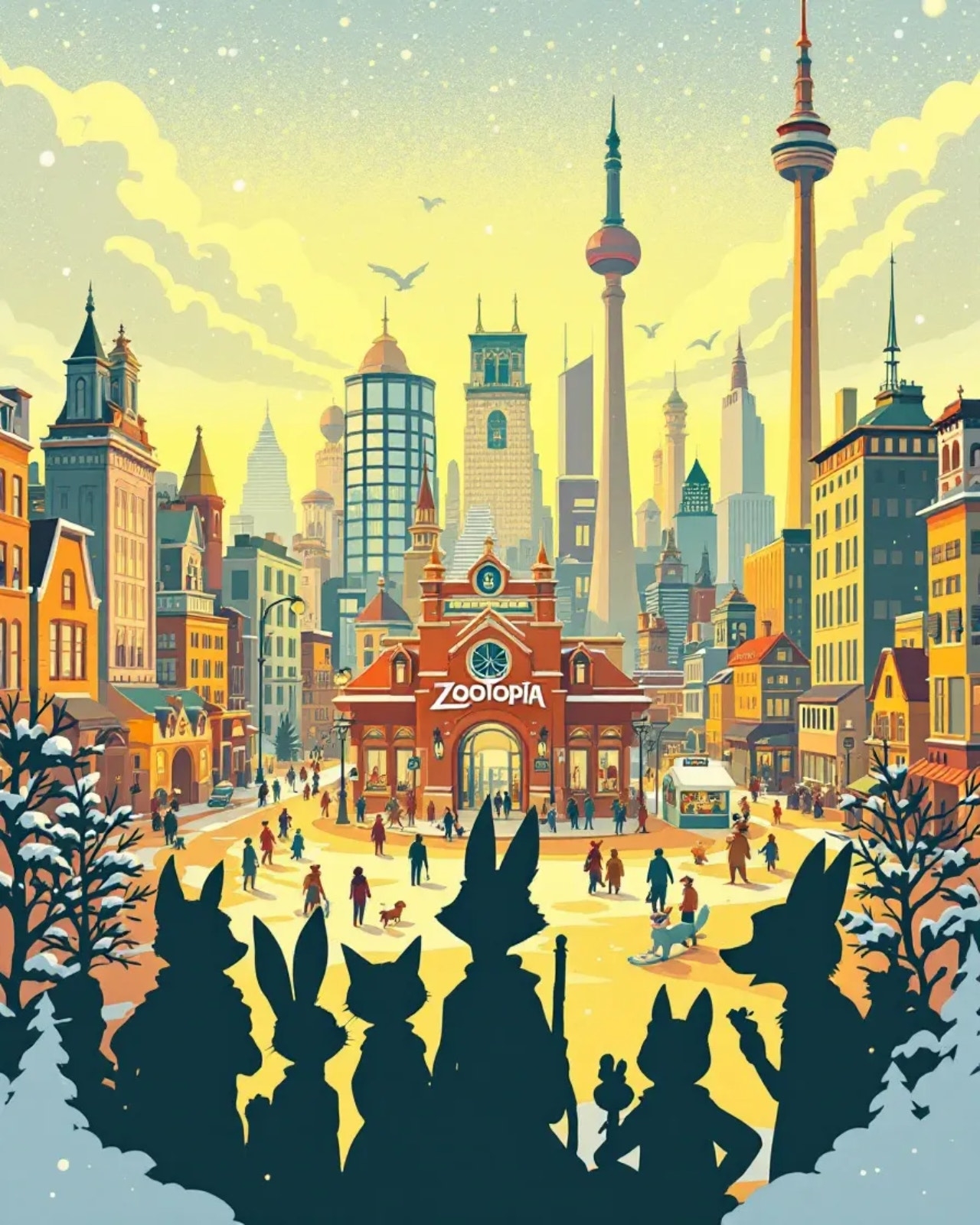 Illustrated scene of various animal silhouettes observing a bustling cityscape with a "Zootopia" sign at the center. Skyscrapers and tower in the background