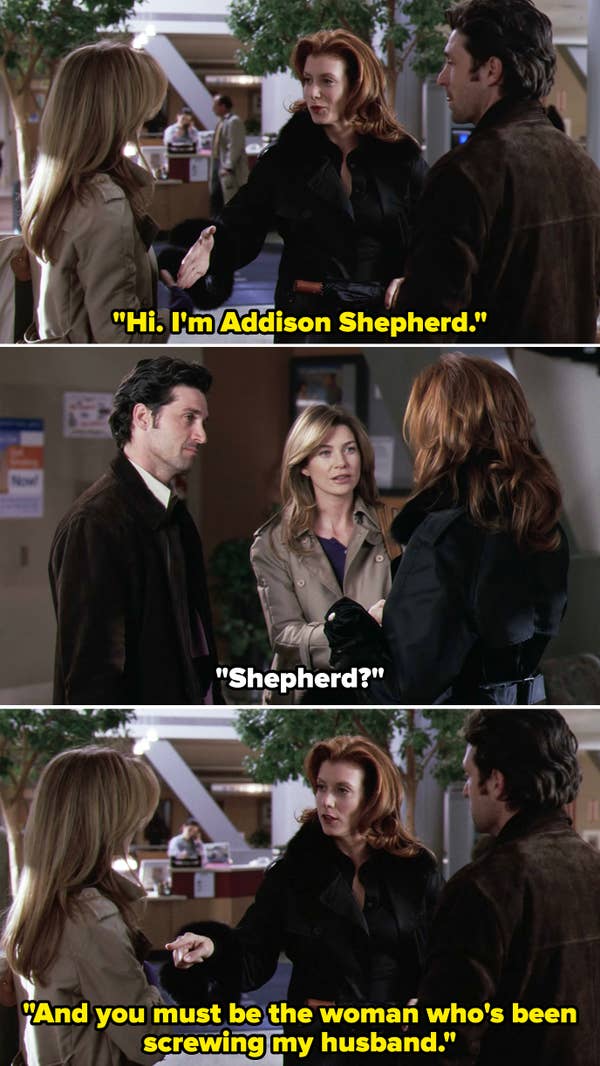 Addison introducing herself to Meredith and saying, "And you must be the woman who's been screwing my husband"