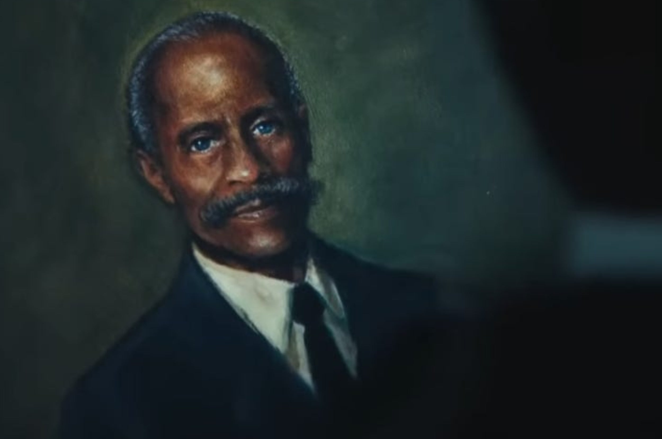 A painted portrait of an older man in a suit with a mustache and attentive expression