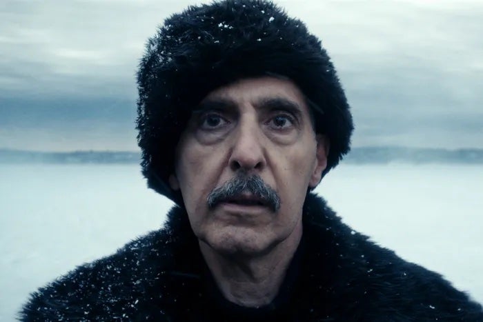 A person in a dramatic snowy scene, wearing a furry hat and coat, gazes intently forward